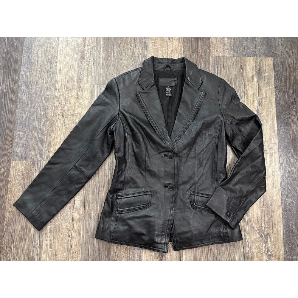 Jaclyn Smith Classic Black Leather Blazer Jacket Scalloped Trim Womens 10 5005